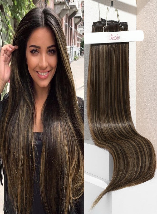 REECHO Clip in Hair Extensions, Hair Extensions Thick Long Lace Weft Lightweight Synthetic Hairpieces for Women (24 Inch-240 Gram(Pack of 5), Dark Brown with Highlights) - Image 1